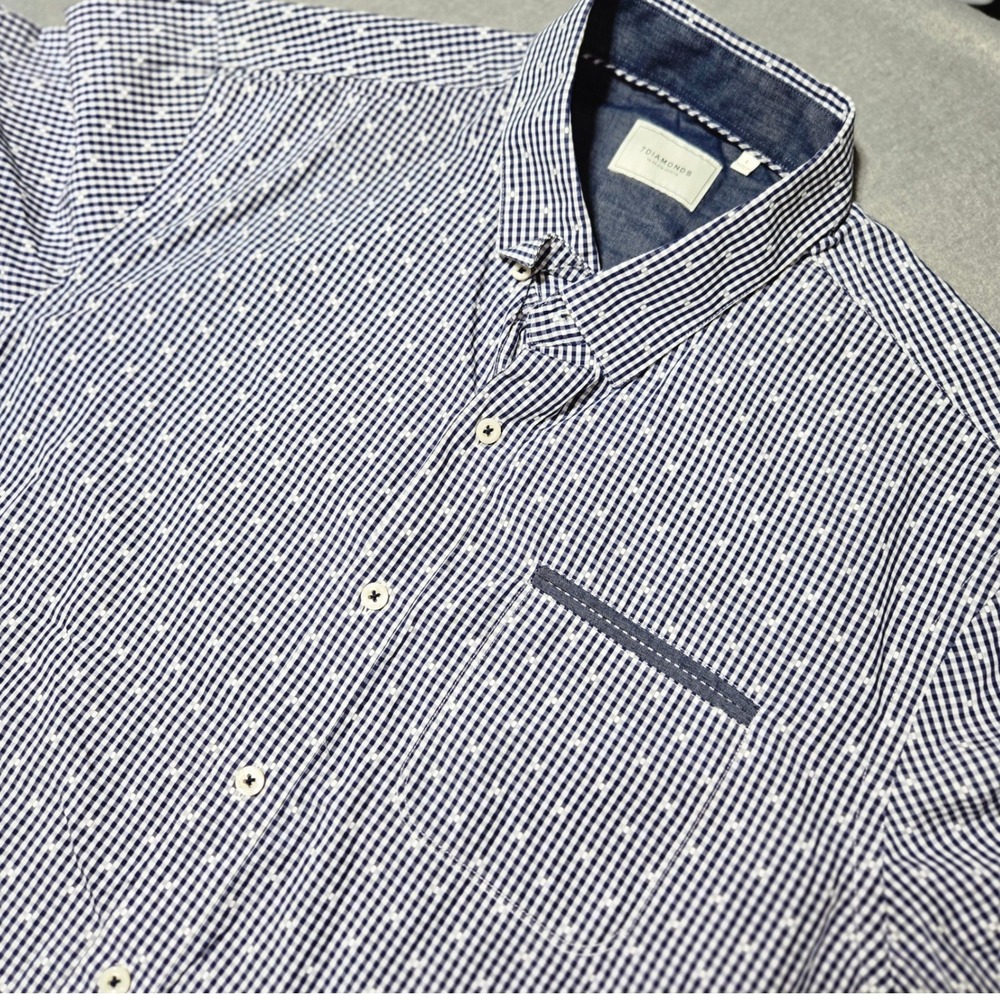 7Diamonds Flipside Mens Navy Gingham Embroidered Short Sleeve Button Down L